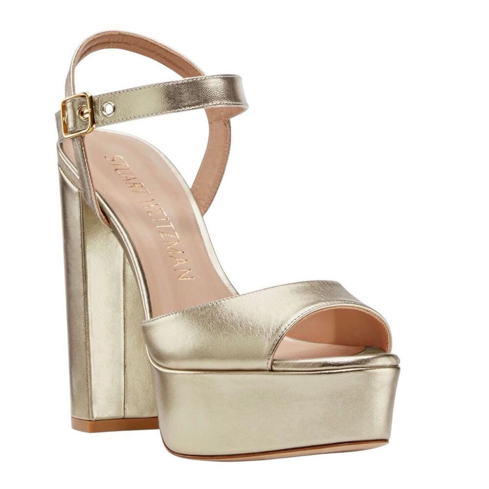Stuart Weitzman Ryder Platform Sandal Platino Liquid Metal Box & Dust Bag Includ